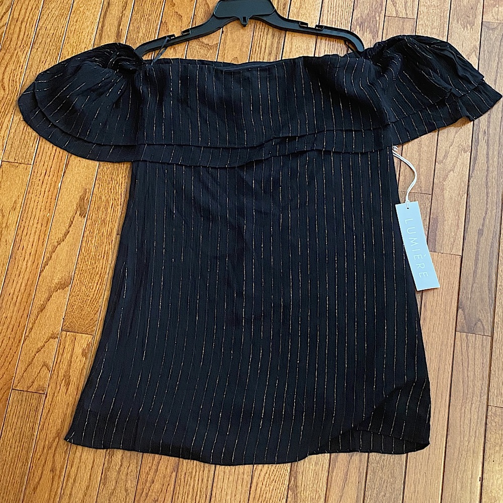 Lumiere off the shoulder ruffle top striped dress.
